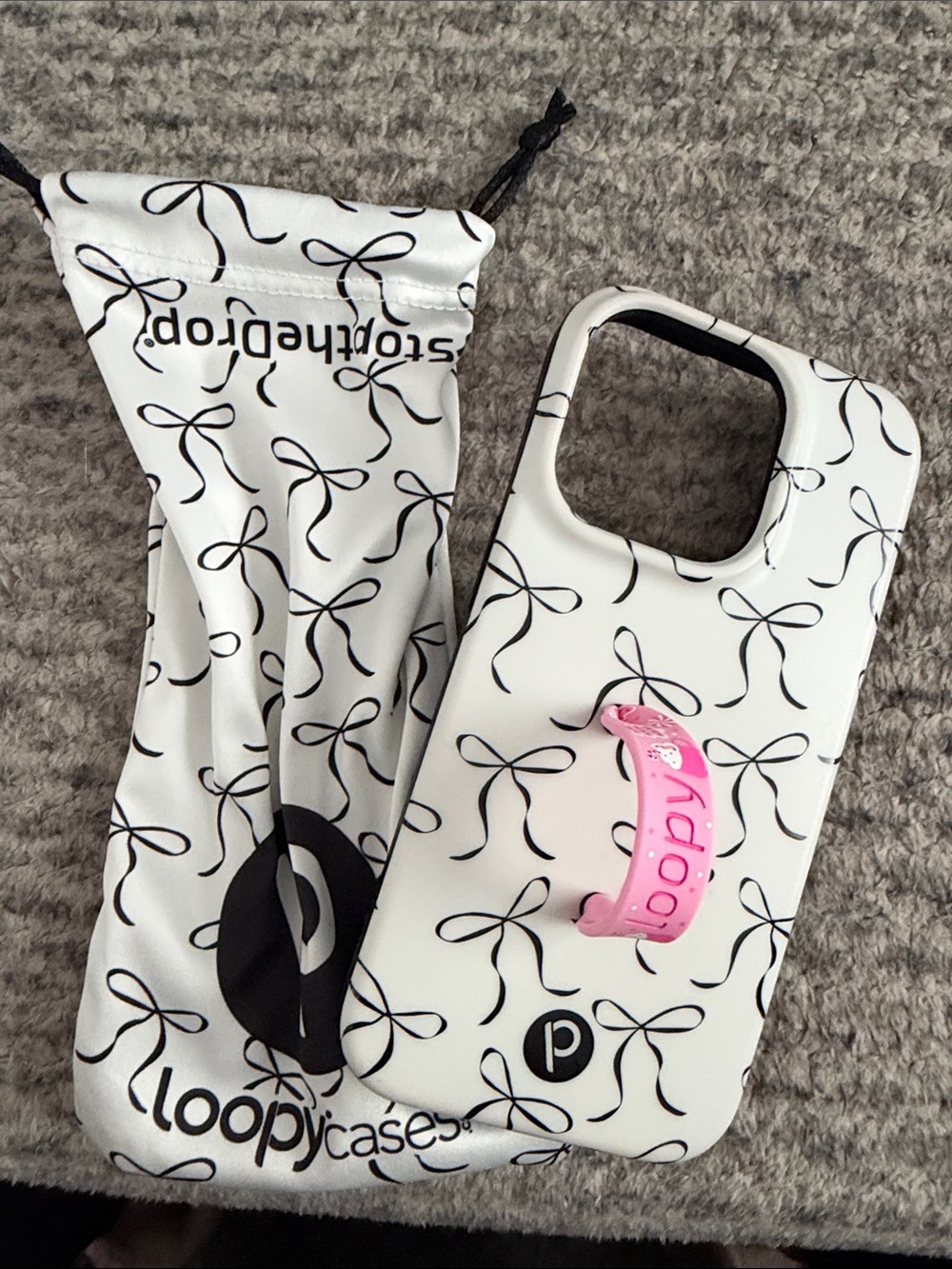 White Bow Pattern Phone Case with Pink Loopy Grip loopy iPhone 14 Pro case